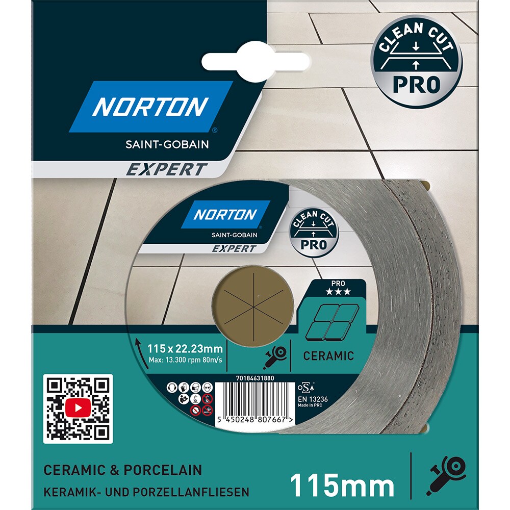 Disc diamantat pentru fierastrau NORTON, ceramica, 115 x 22 mm, metal, gri
