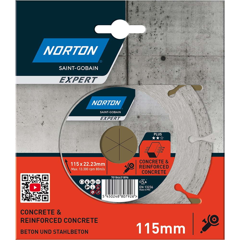 Disc diamantat pentru fierastrau NORTON, beton, 115 x 22 mm, metal, gri