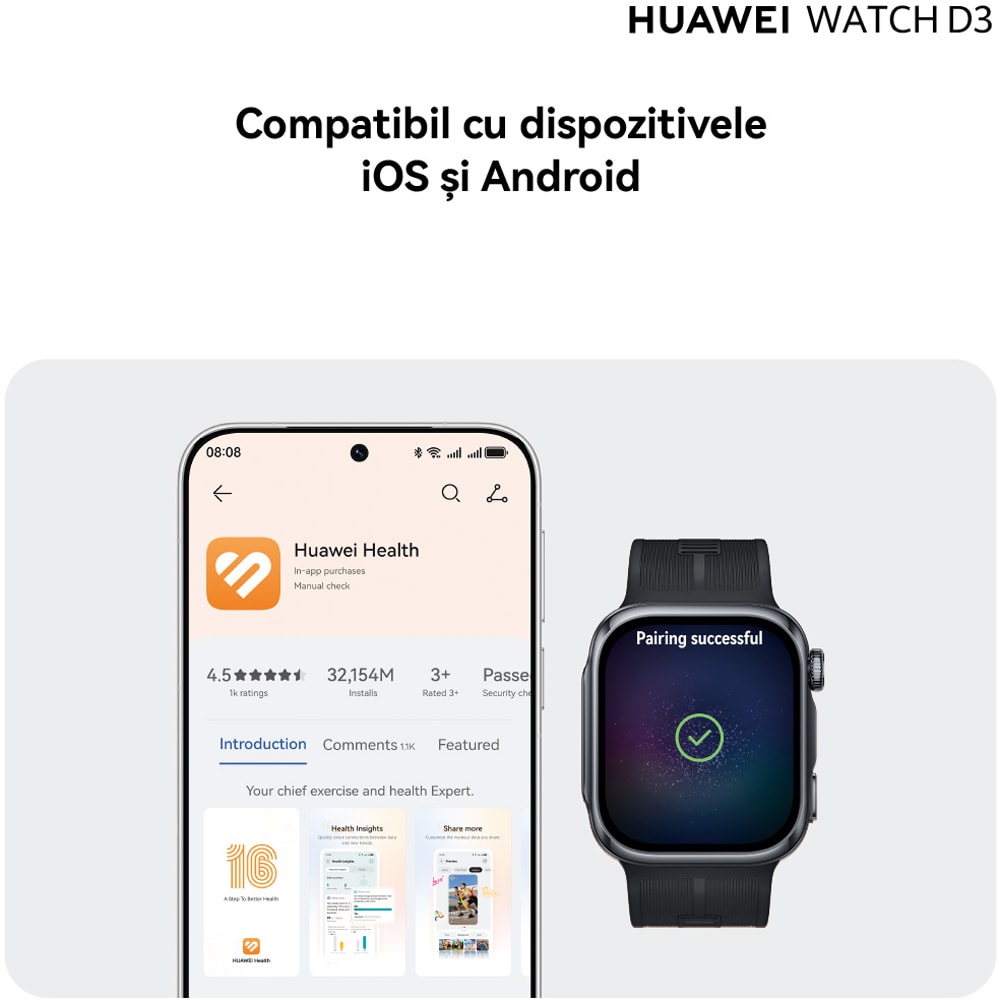 Smartwatch HUAWEI Watch D3, Android/iOS, Black