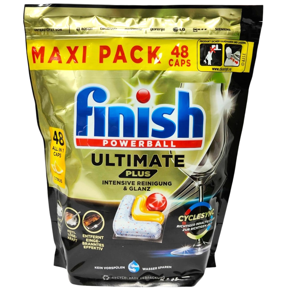 Detergent pentru masina de spalat vase FINISH Ultimate Plus Powerball, Lemon, 48 capsule