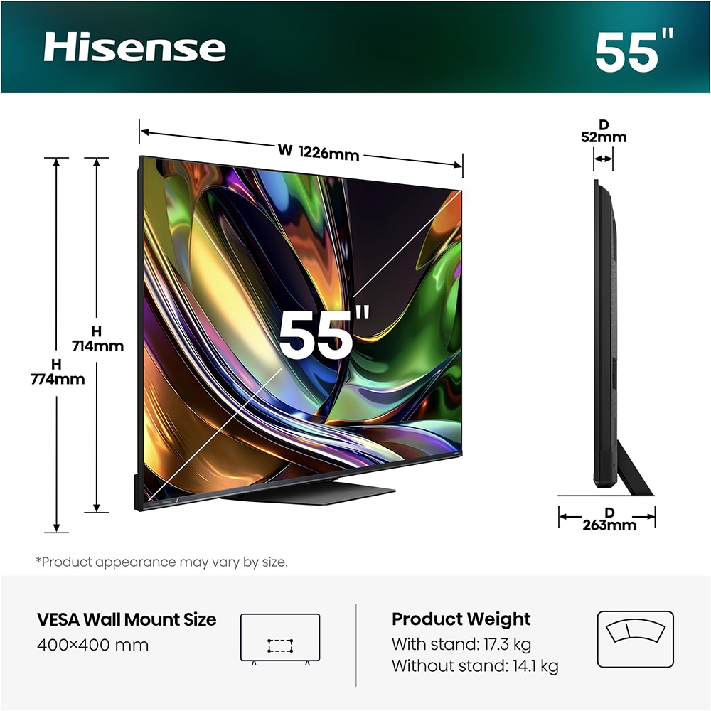 Televizor RGB Mini-LED ULED Smart HISENSE 55UR8S, Ultra HD 4K, HDR, 139cm