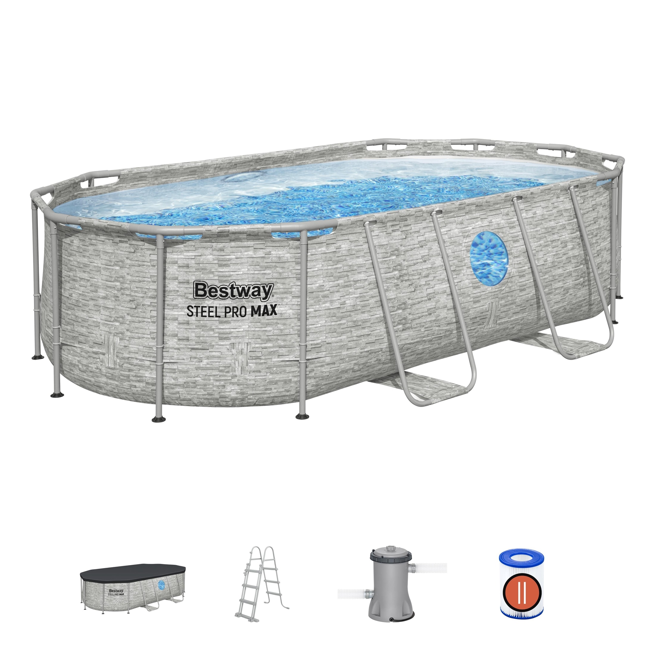 Piscina BESTWAY STEEL PRO MAX Splashview, ovala, cu ferestre, 427x250x100 cm, 7250L