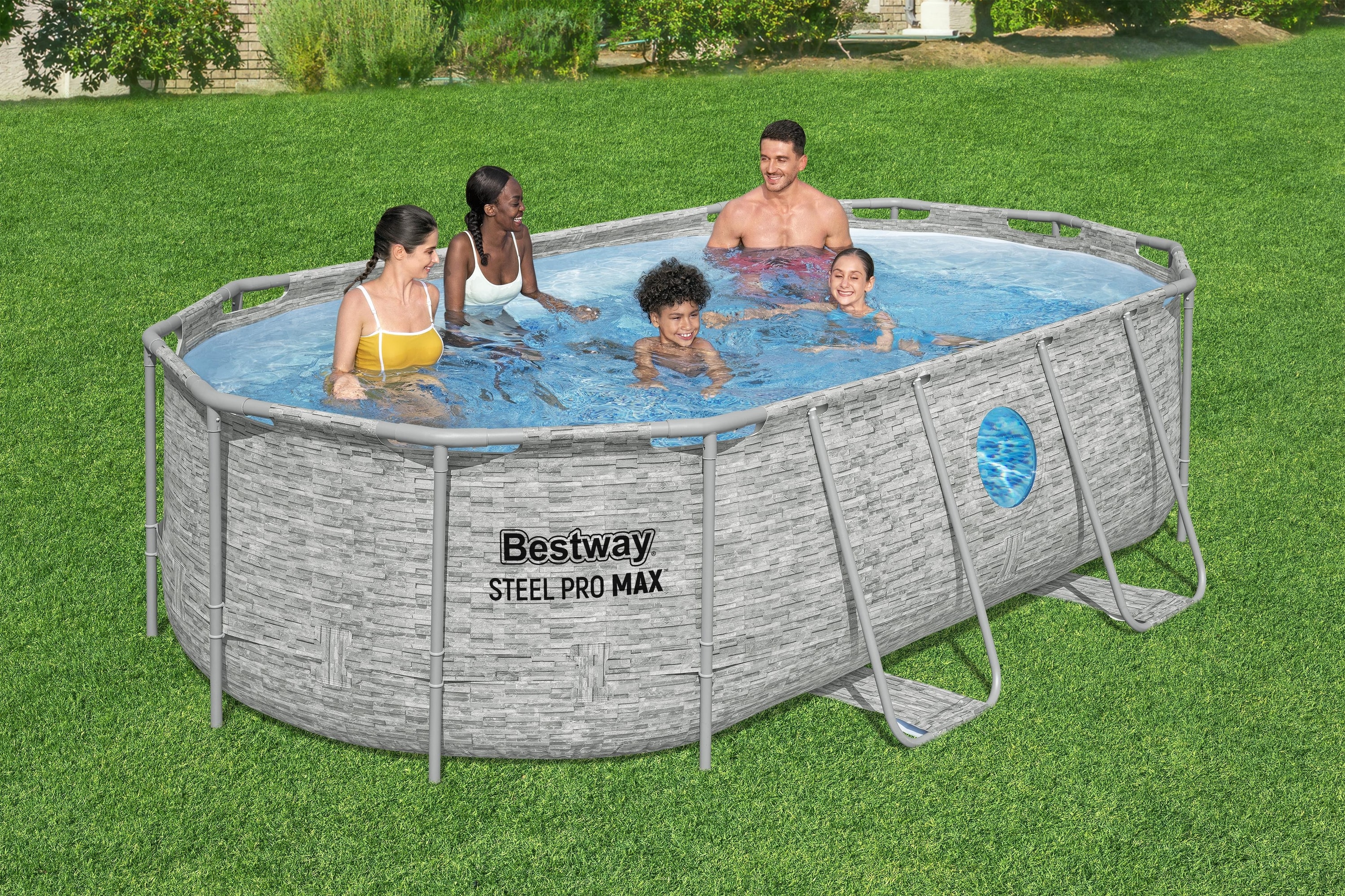Piscina BESTWAY STEEL PRO MAX Splashview, ovala, cu ferestre, 427x250x100 cm, 7250L