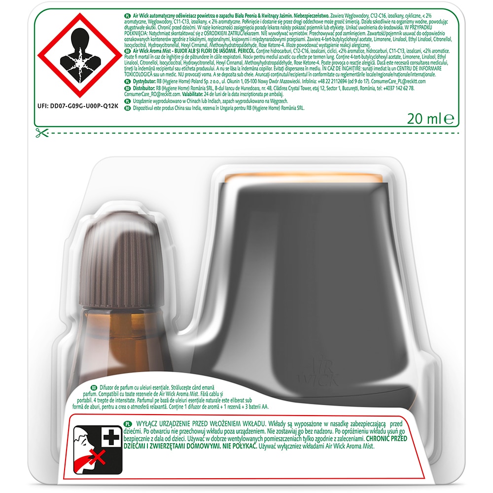 Difuzor de parfum cu uleiuri esentiale AIR WICK Aroma Mist, Bujor Alb si Flori de Iasomie, 20 ml