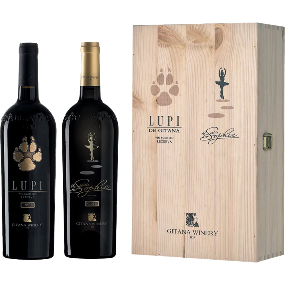 Set Vin rosu sec Gitana Lupi, 0.75L + Vin alb sec La Petite Sophie Wood Gift Box, 0.75L