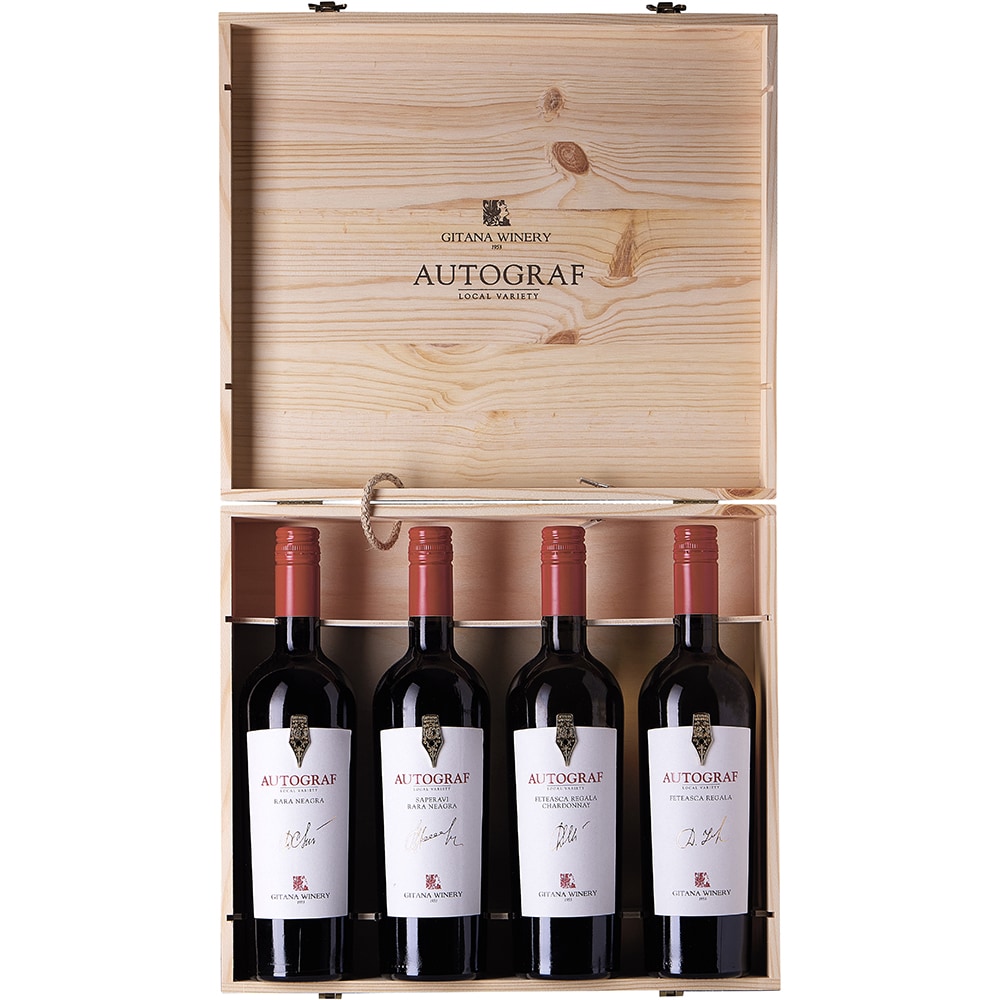 Set Vin Gitana Winery Autograf Local Variety Saperavi & Rara Neagra, Rara Neagra, Feteasca Regala, Chardonnay & Feteasca Regala Wood Gift Box, 0.75L