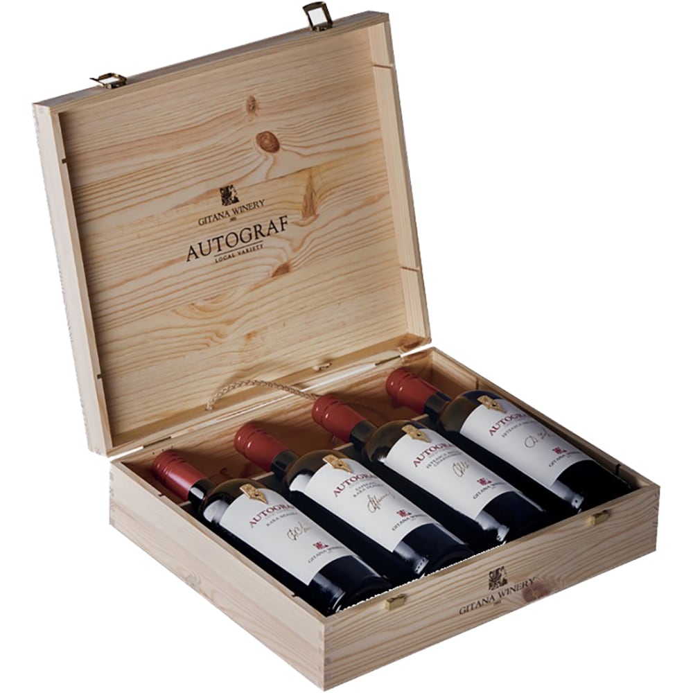 Set Vin Gitana Winery Autograf Local Variety Saperavi & Rara Neagra, Rara Neagra, Feteasca Regala, Chardonnay & Feteasca Regala Wood Gift Box, 0.75L