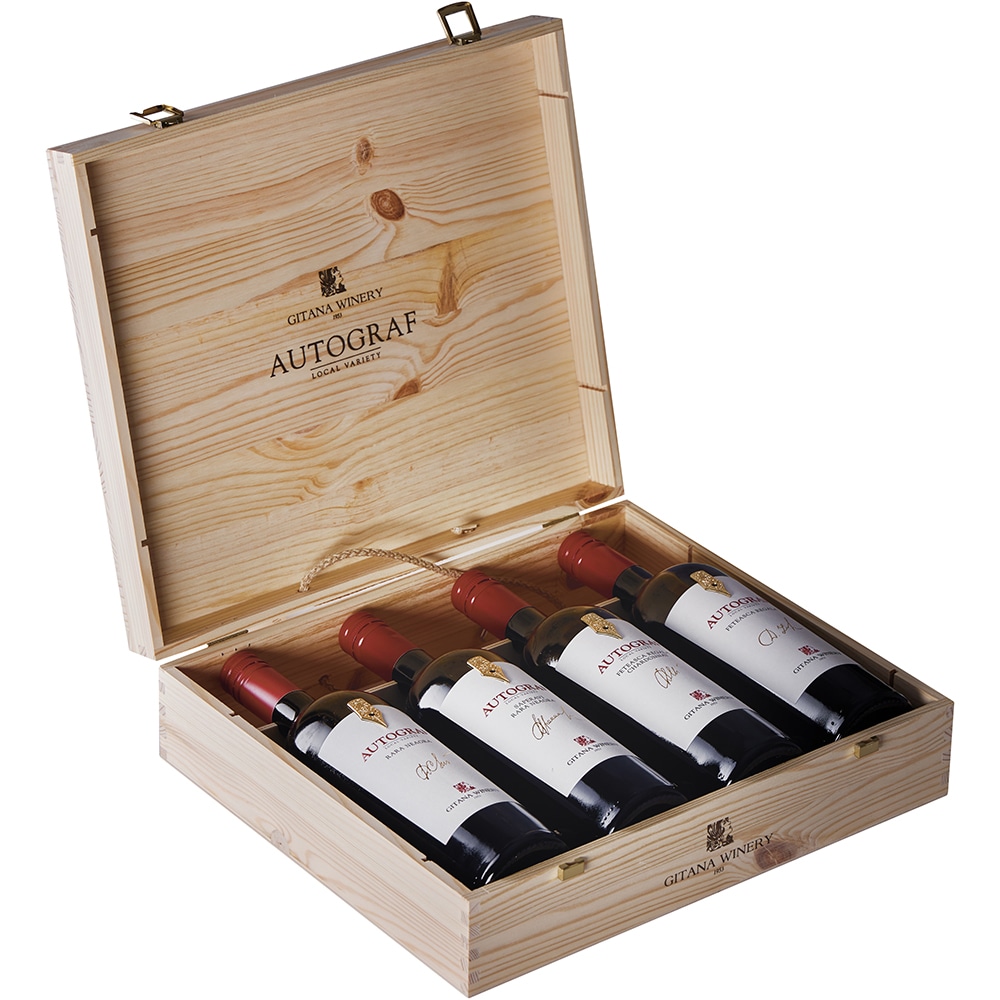 Set Vin Gitana Winery Autograf Local Variety Saperavi & Rara Neagra, Rara Neagra, Feteasca Regala, Chardonnay & Feteasca Regala Wood Gift Box, 0.75L
