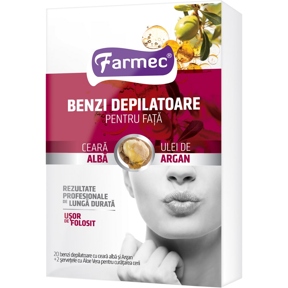 Benzi depilatoare FARMEC pentru fata, Ulei de argan, 20 benzi
