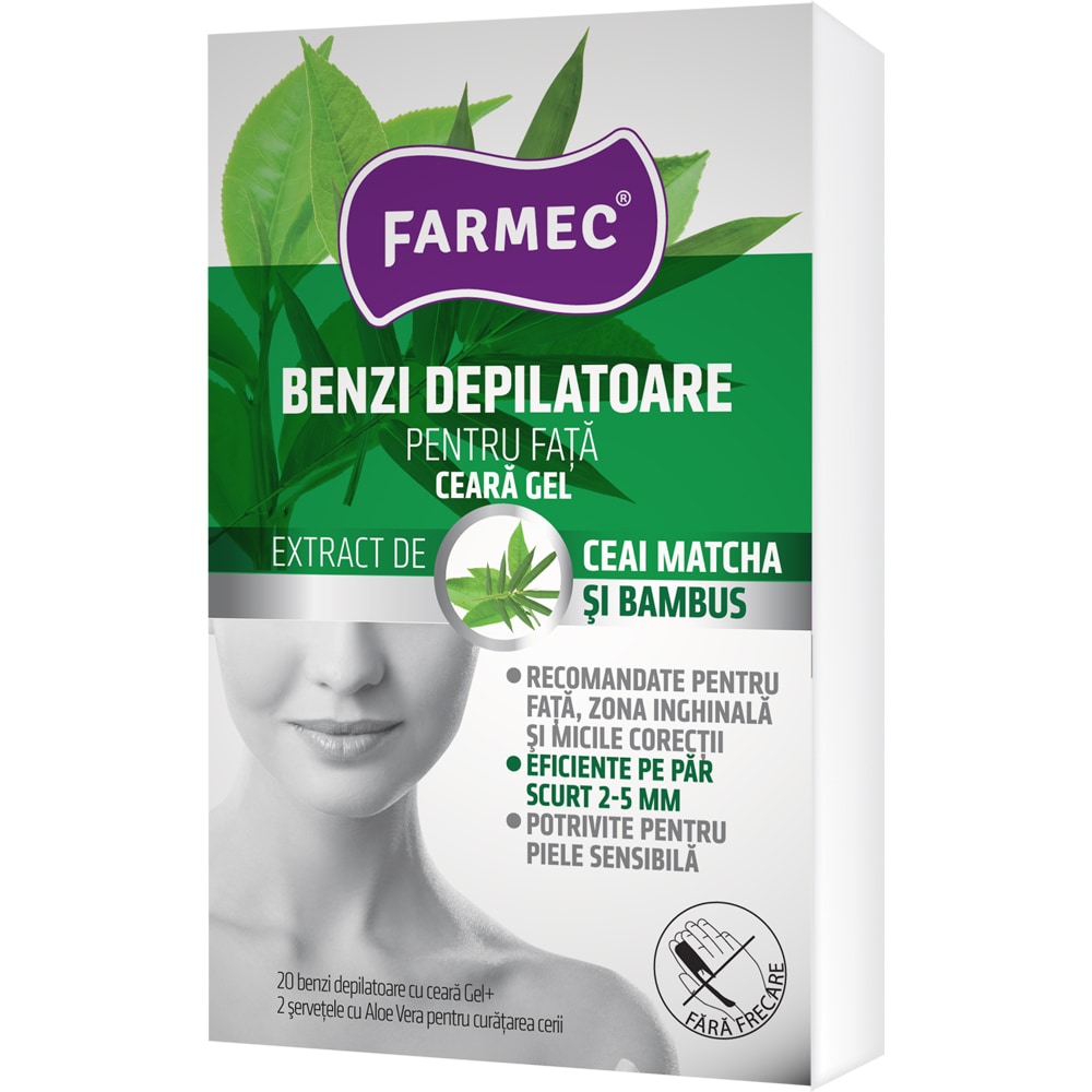 Benzi depilatoare FARMEC pentru fata, Matcha & Bambus, 20 benzi
