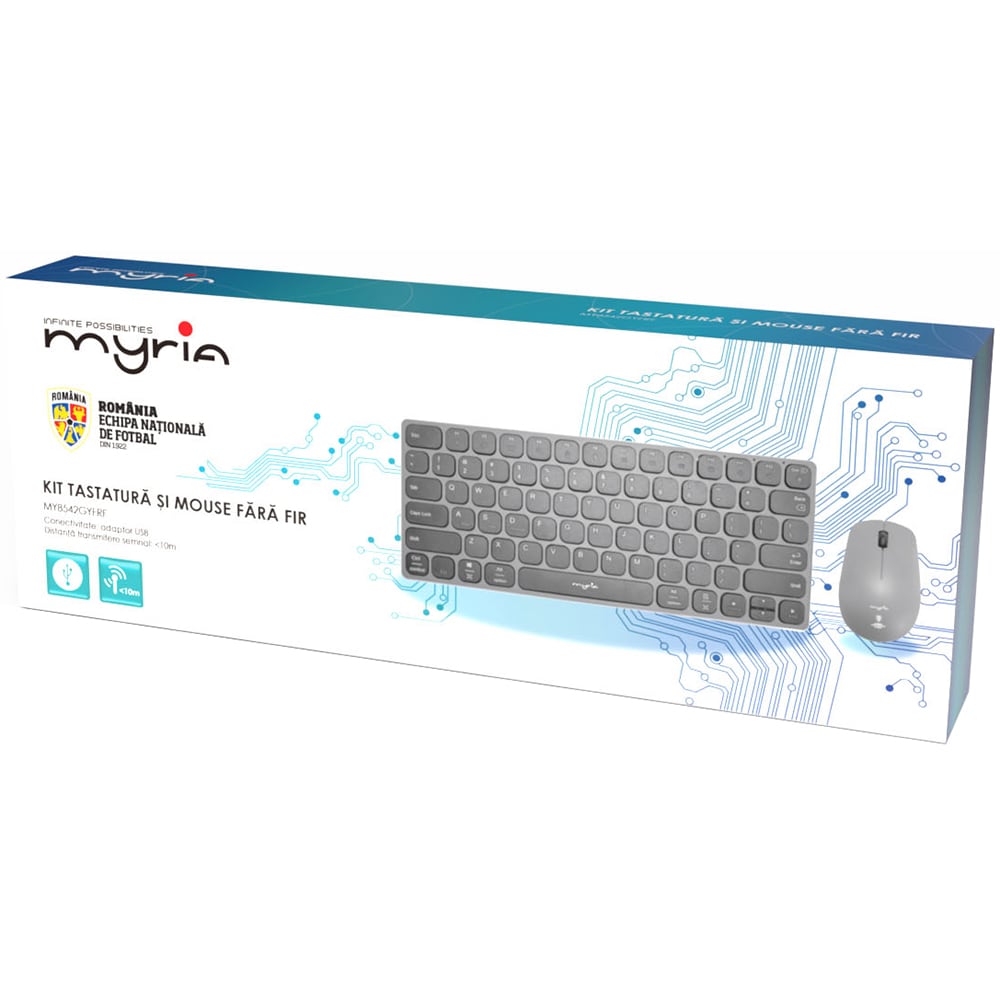 Kit tastatura si mouse Wireless MYRIA Echipei Nationale de Fotbal MY8542GYFRF, USB, negru