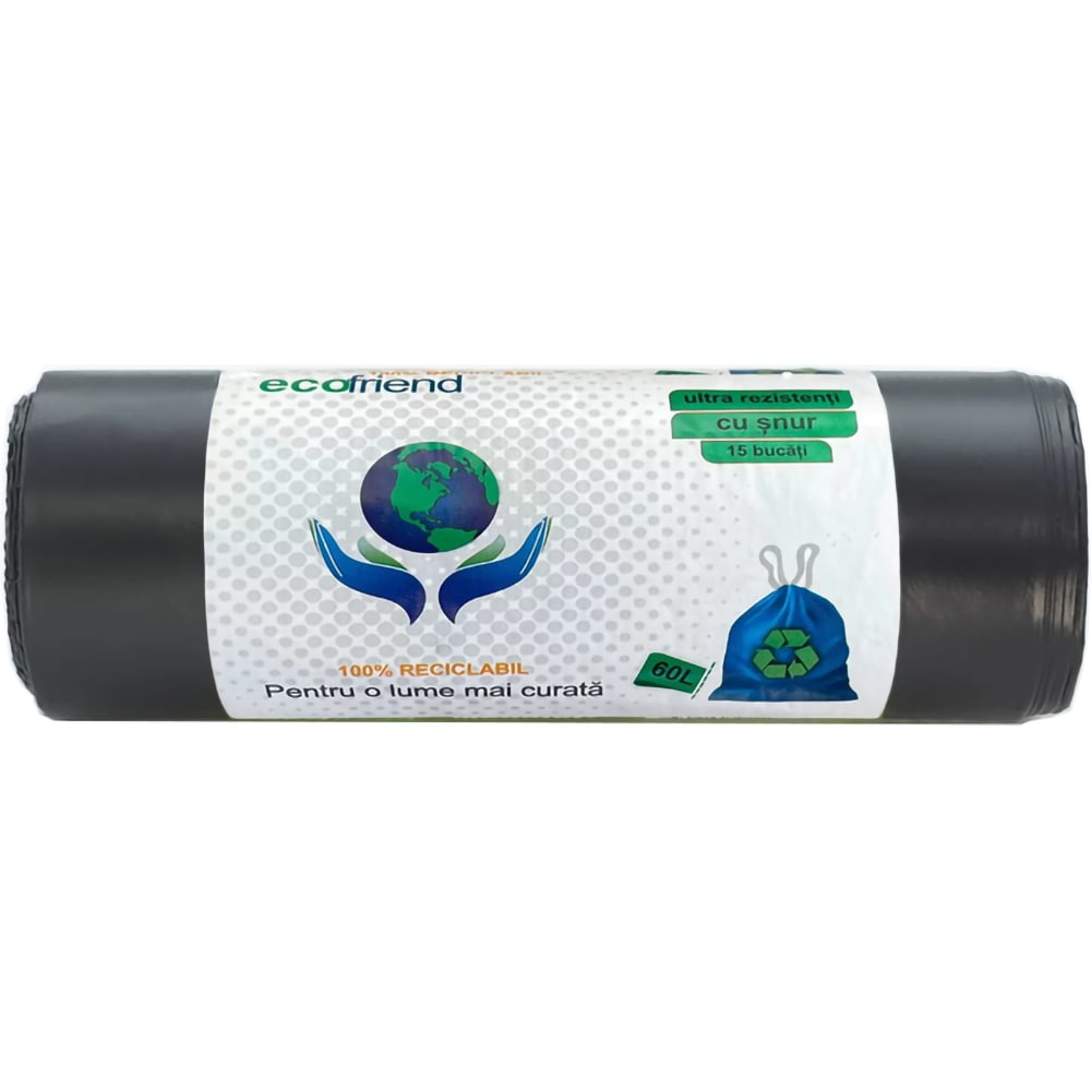 Saci menajeri ECOFRIEND 7938, cu snur, 60 l, 15 bucati/rola