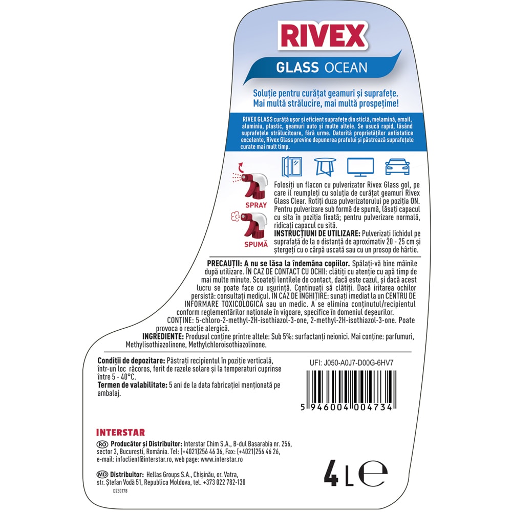 Solutie de curatat geamuri RIVEX Glass, Ocean, 4 l