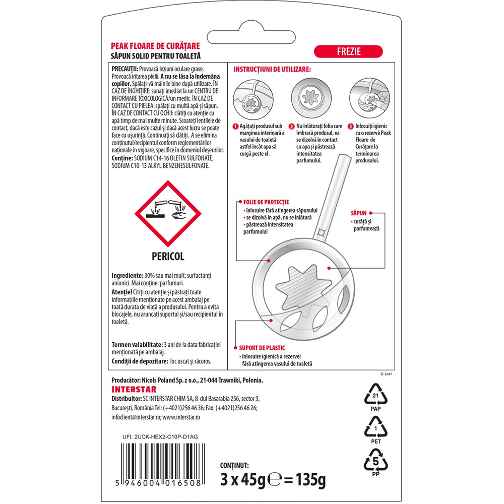 Odorizant toaleta PEAK Floare de curatare Frezie, 3 x 45g