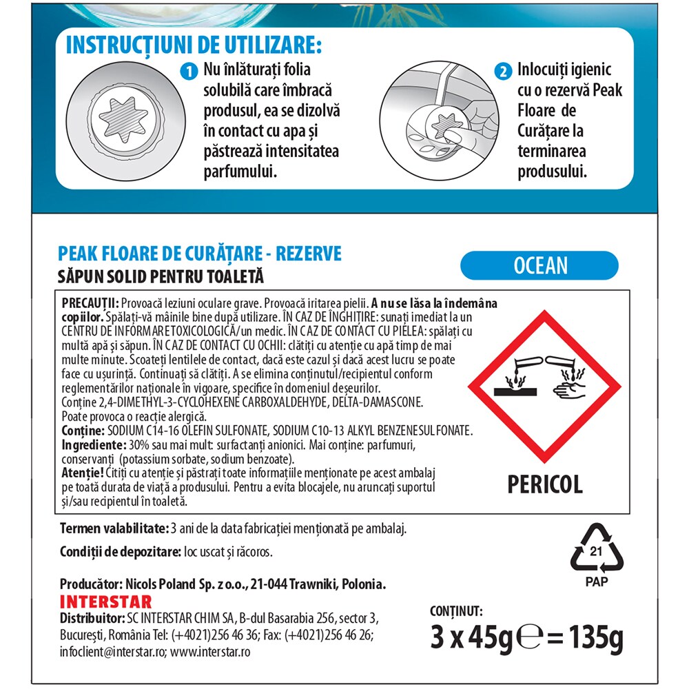 Rezerva odorizant toaleta PEAK Floare de curatare Ocean, 3 x 45g