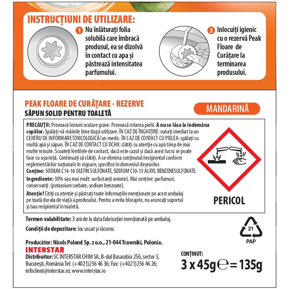 Rezerva odorizant toaleta PEAK Floare de Curatare, Mandarina, 3 x 45g