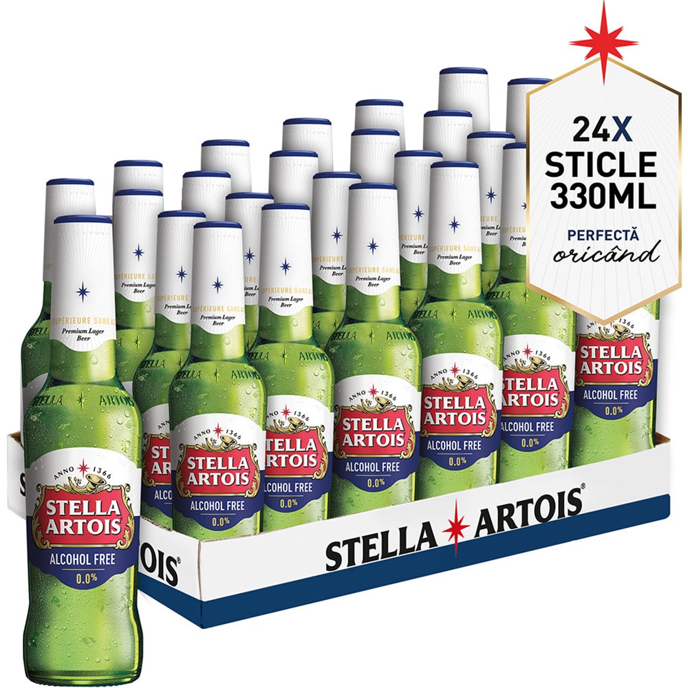 Bere blonda fara alcool Stella Artois bax 0.33L x 24 sticle