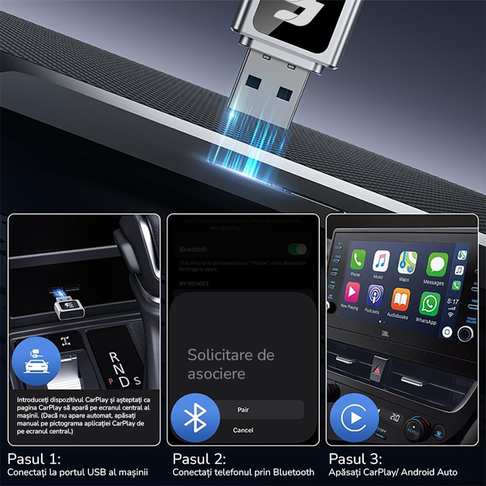 Android Auto / Carplay E-BODA AA30, Wireless, Bluetooth, argintiu