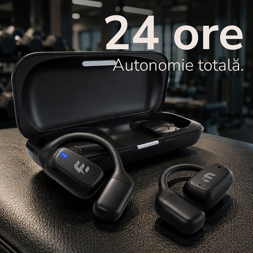 Casti E-BODA True Sound Awareness, True Wireless, Bluetooth, Open-ear, Microfon, negru