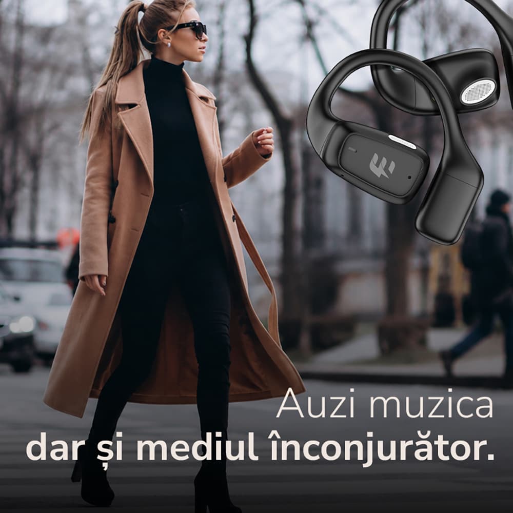 Casti E-BODA True Sound Awareness, True Wireless, Bluetooth, Open-ear, Microfon, negru