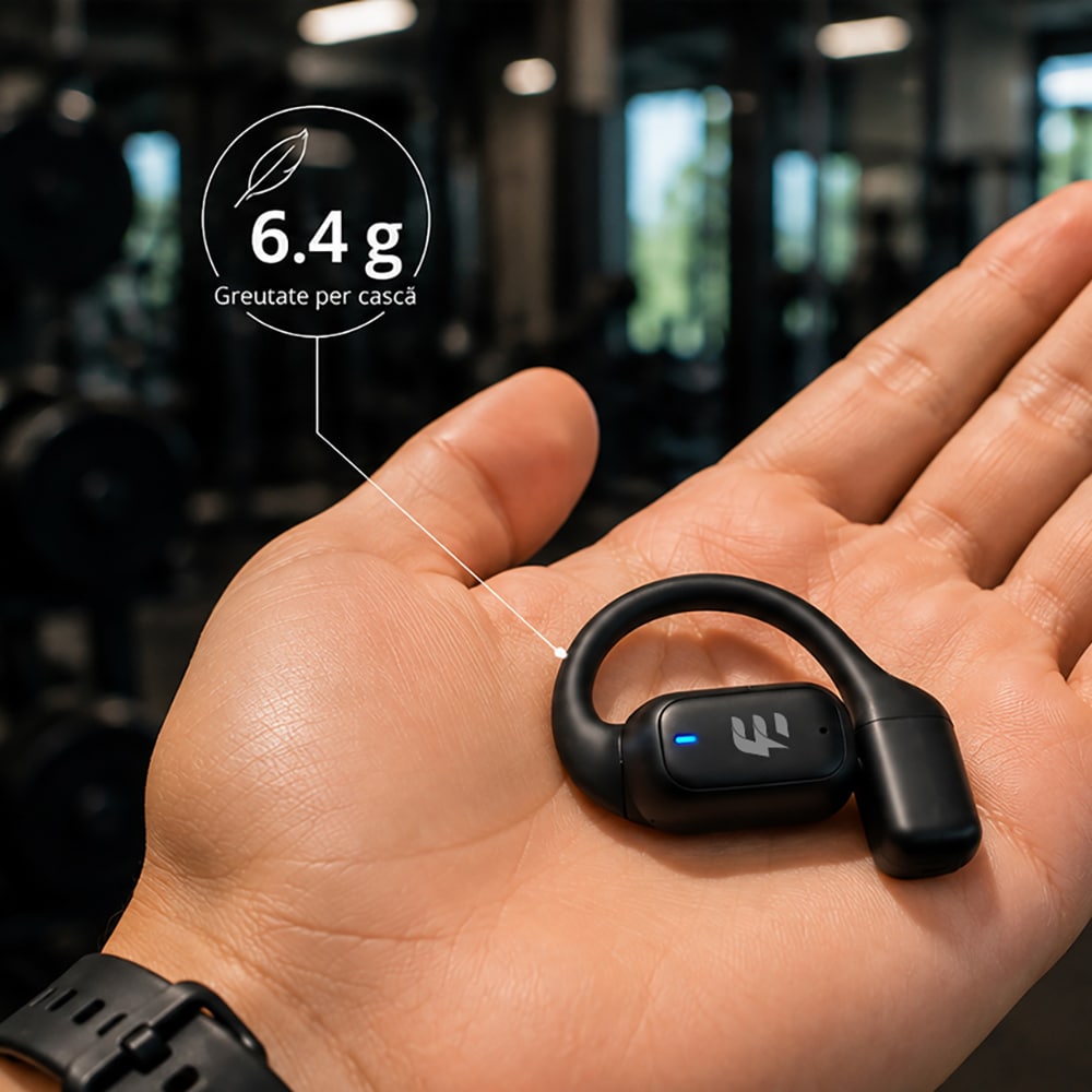 Casti E-BODA True Sound Awareness, True Wireless, Bluetooth, Open-ear, Microfon, negru