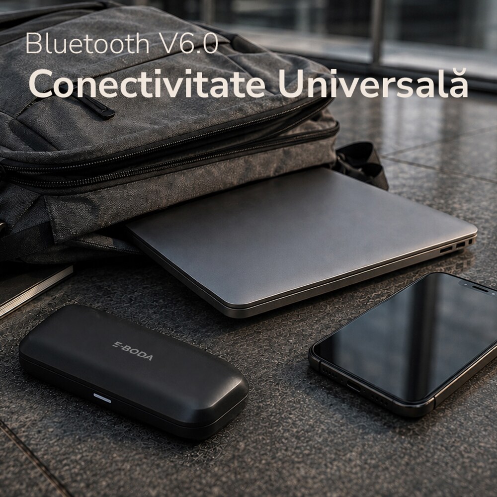 Casti E-BODA True Sound Awareness, True Wireless, Bluetooth, Open-ear, Microfon, negru