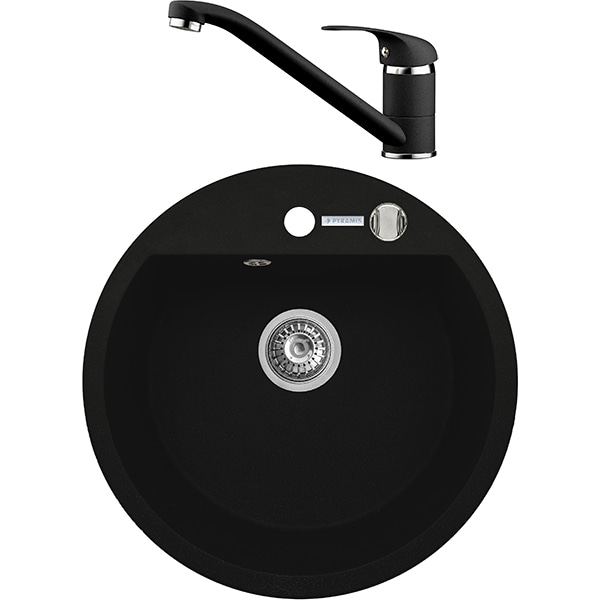 Pachet chiuveta PYRAMIS Round Basic, compozit granit + baterie, negru