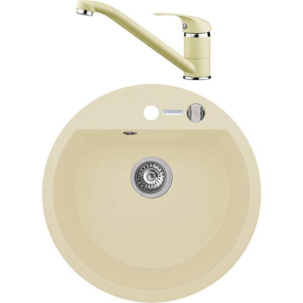 Pachet chiuveta PYRAMIS Round Basic, compozit granit + baterie, crem