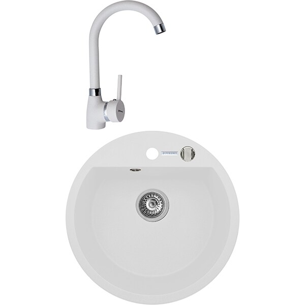 Pachet chiuveta PYRAMIS Round Elegant, compozit granit + baterie, alb