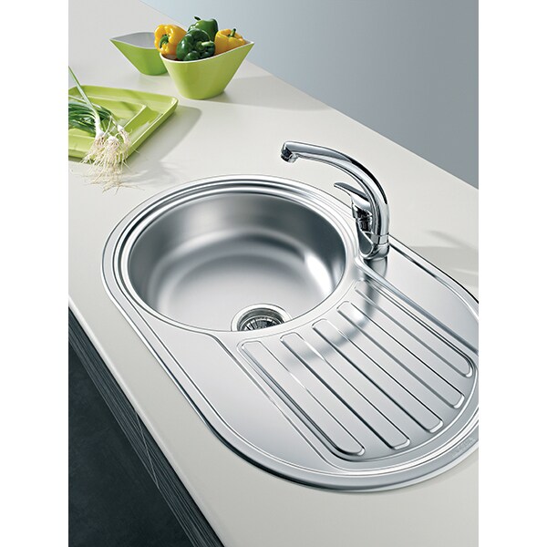 Pachet chiuveta PYRAMIS SR Mini, 1 cuva, picurator dreapta, , inox texturat + baterie, gri