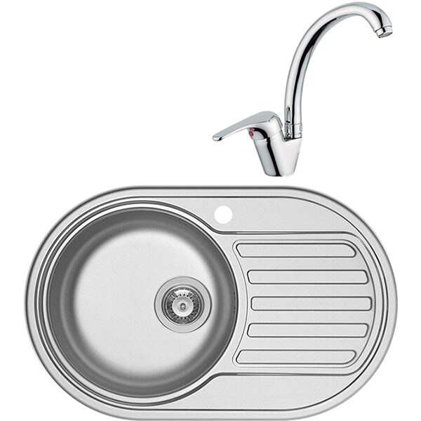 Pachet chiuveta PYRAMIS SR Mini, 1 cuva, picurator dreapta, , inox texturat + baterie, gri