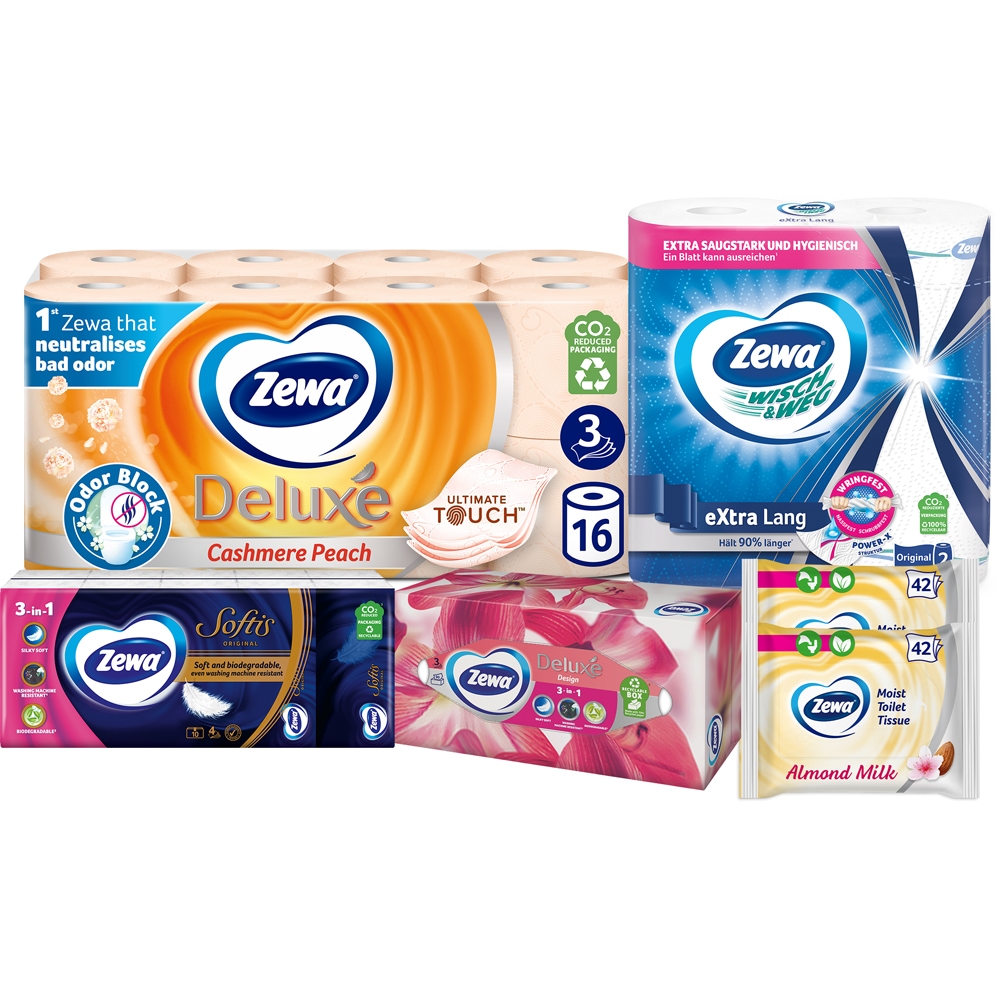 Pachet ZEWA, 6 produse: Hartie Igienica, Role bucatarie, Batiste nazale, Servetele faciale, 2 x Hartie igienica umeda