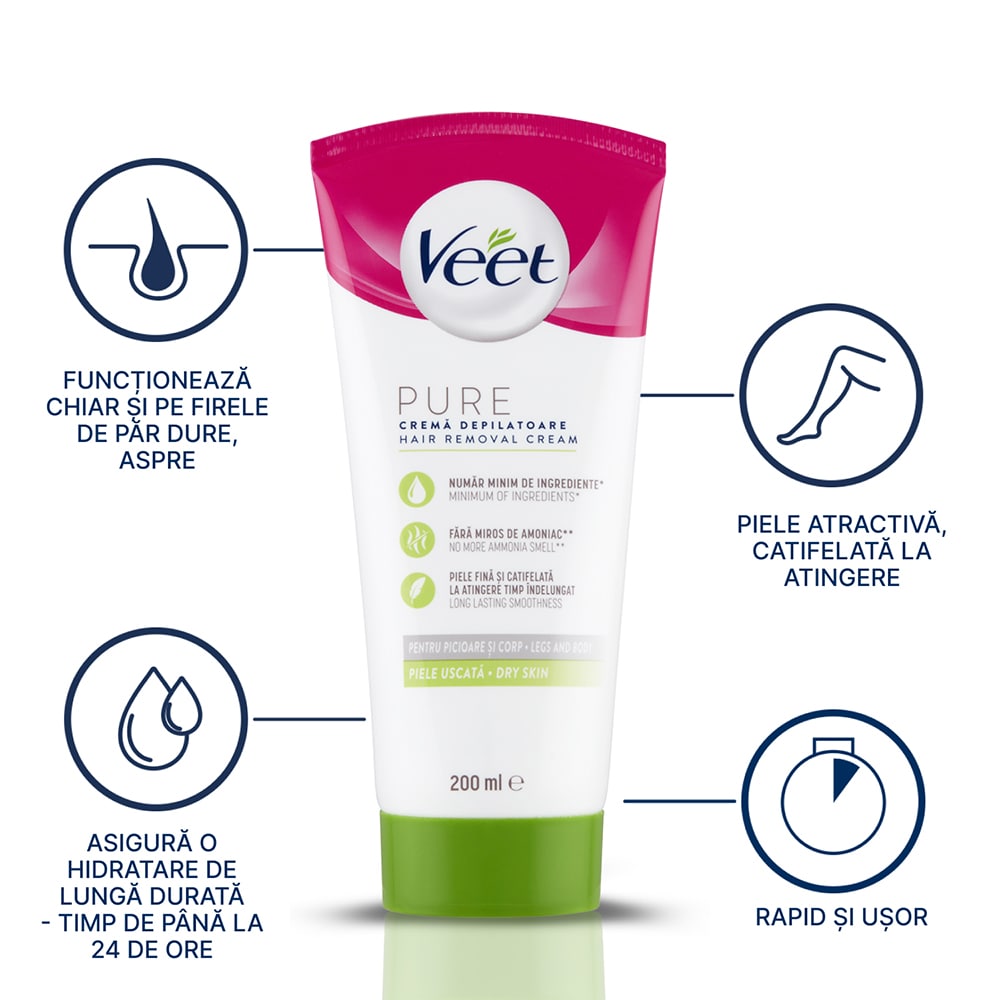 Crema depilatoare VEET Pure pentru piele uscata, 200ml