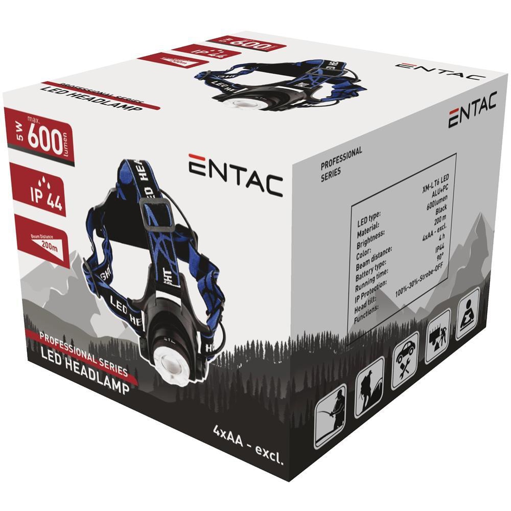 Lanterna LED frontala ENTAC EHL-ZOOM-5W-ALU, 600LM, IP44, negru