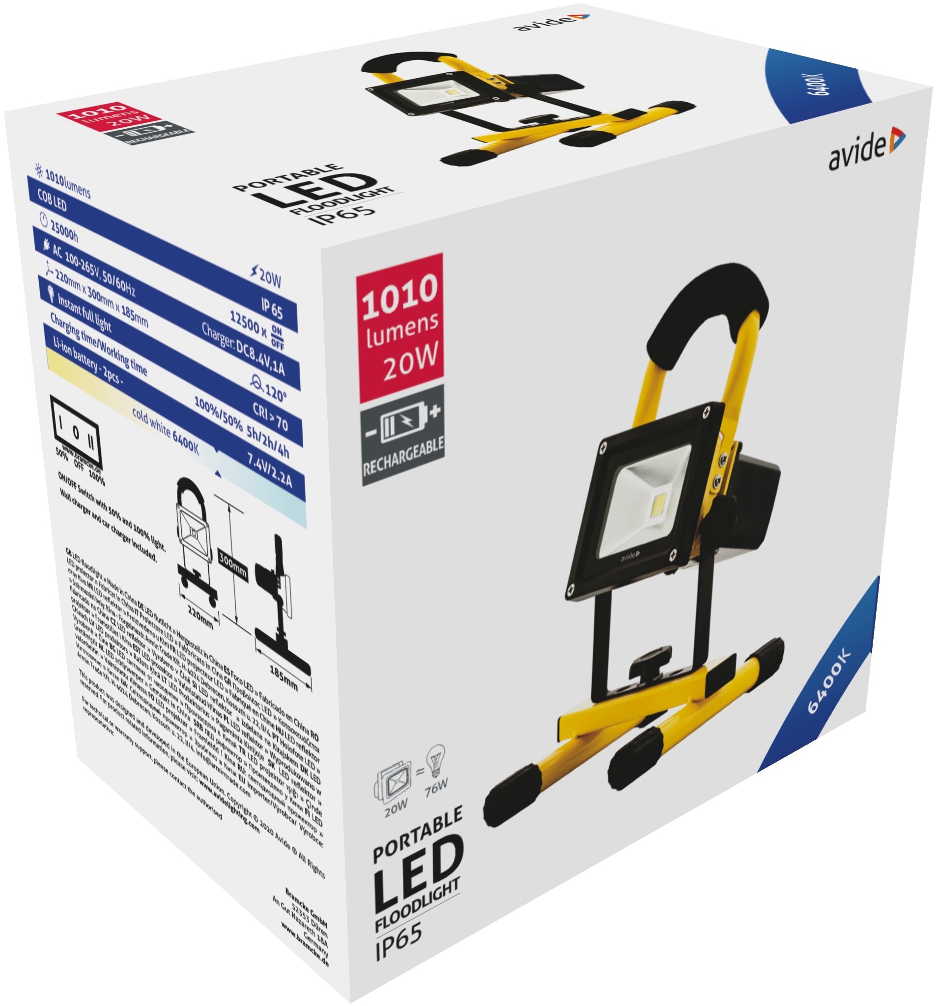 Proiecctor LED portabil Avide, 20W, 1010lm, 6400K, IP65, acumulator, negru-galben