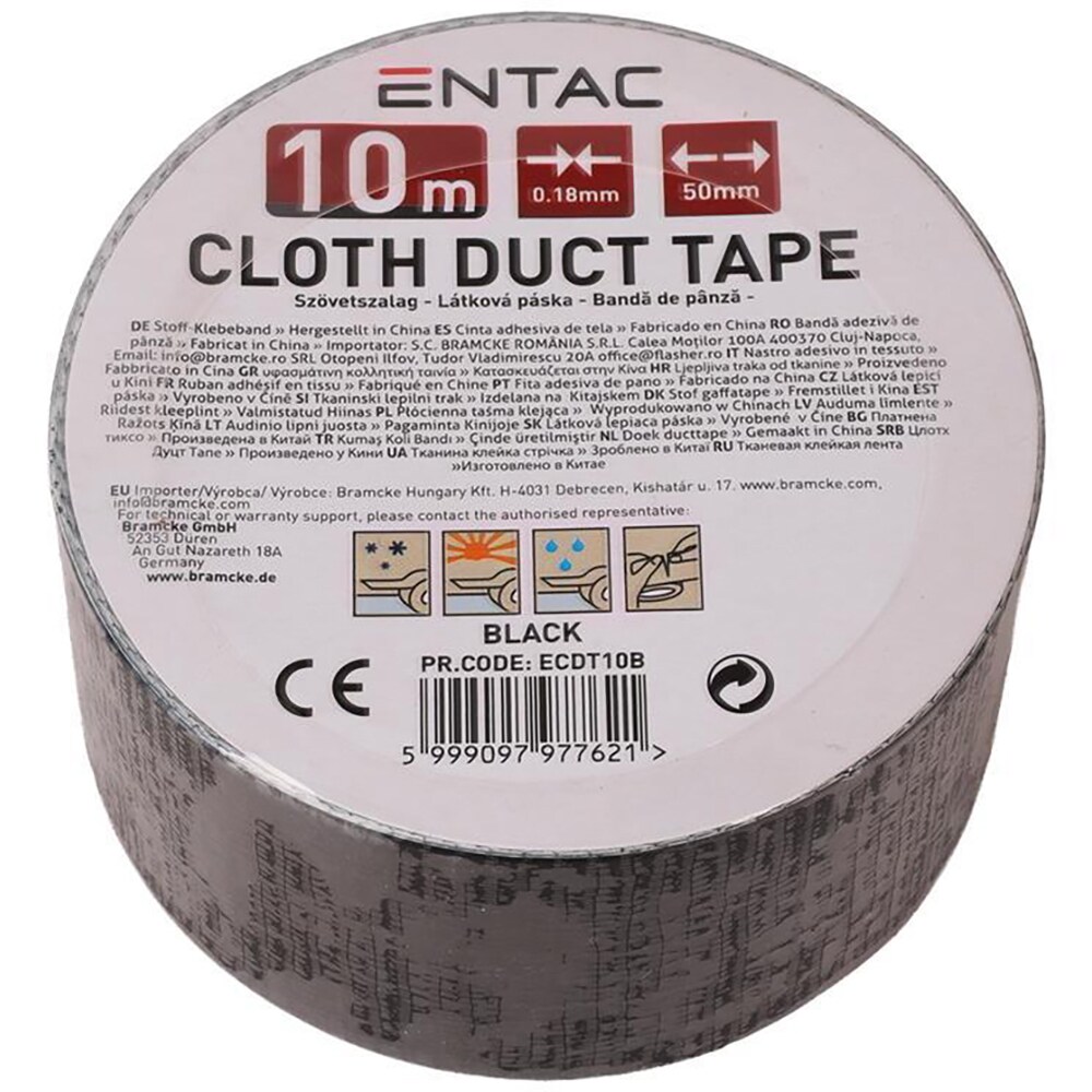 Banda adeziva ENTAC, insertie textila, 50mm x 10m, negru