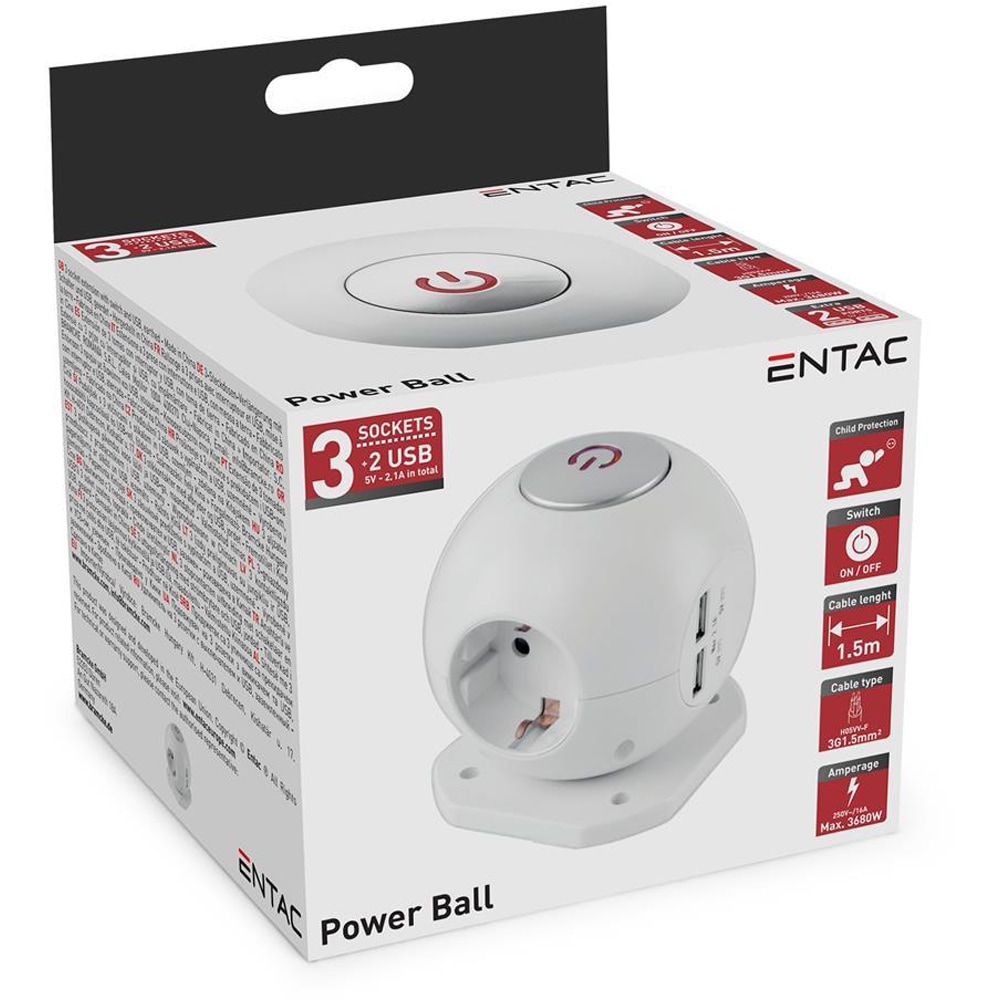 Prelungitor ENTAC ESC1.5G3-USB-GLOBE, 3680W, 1.5m, alb