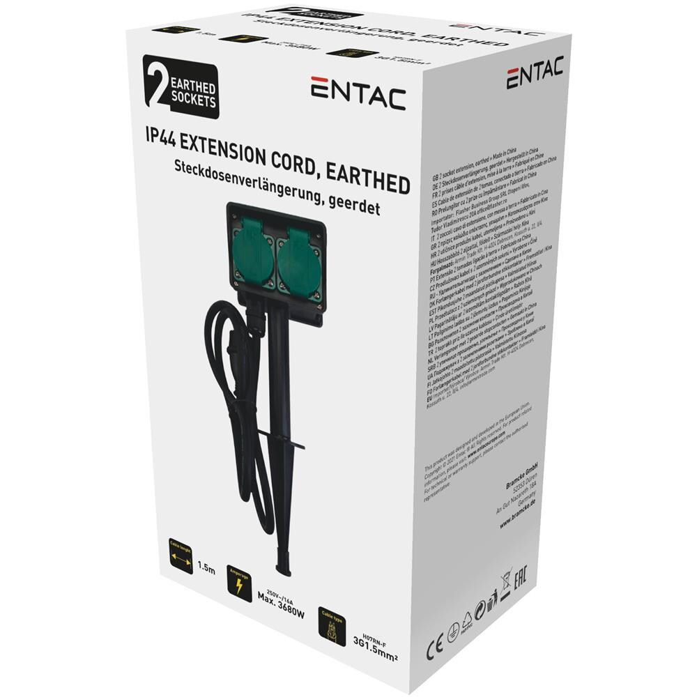 Prelungitor ENTAC ESE1.5G2-1.5-IP44S, 3680W, 2 prize, 1.5m, negru