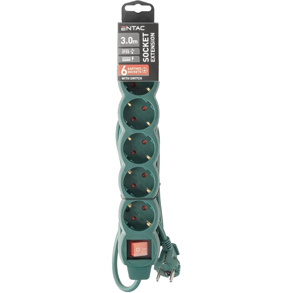 Prelungitor ENTAC ESE1.5G6-3-SW-G, 6 prize Shucko, 3m, intrerupator, verde