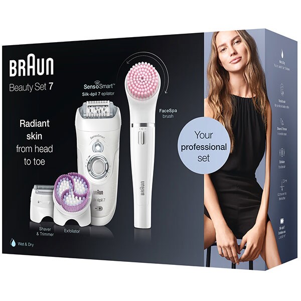 Epilator BRAUN Silk-epil 7 Beauty SET 7-895, 40 pensete, 2 viteze, 8 accesorii, baterii, alb