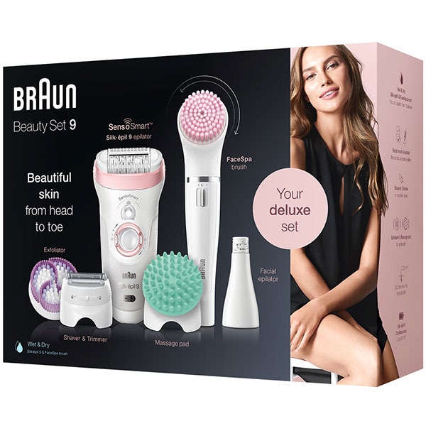 Epilator BRAUN Silk-epil 9 Beauty SET 9-995, 40 pensete, 2 viteze, 9 accesorii, baterii, alb-roz
