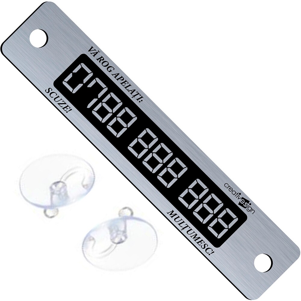 Suport numar telefon parbriz CREATIVE SIGN, fixare cu ventuze, 15 x 3cm, argintiu