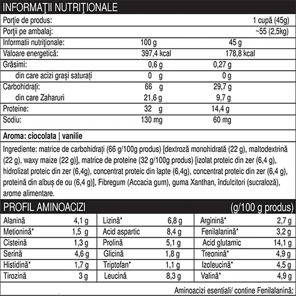 Supliment pentru cresterea masei musculare Pro, ciocolata, 2.5 kg, NATURAL PLUS