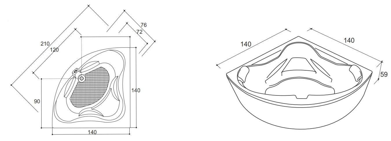 Cada baie cu hidromasaj Venus, semirotunda, 140 x 140 cm, alb