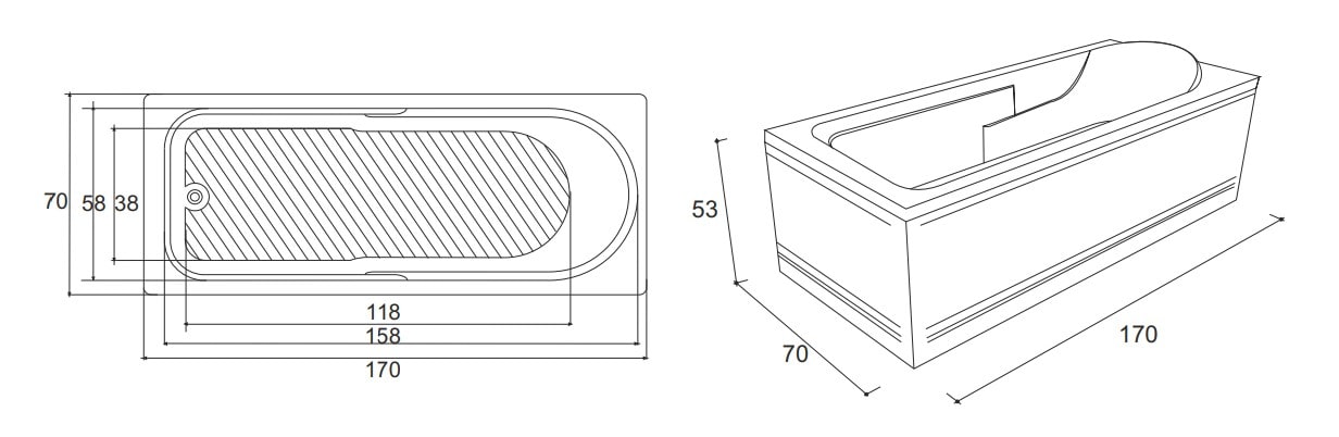 Cada baie cu hidromasaj FIBREX Siena, dreptunghiulara, acril, 170 x 70 cm, alb