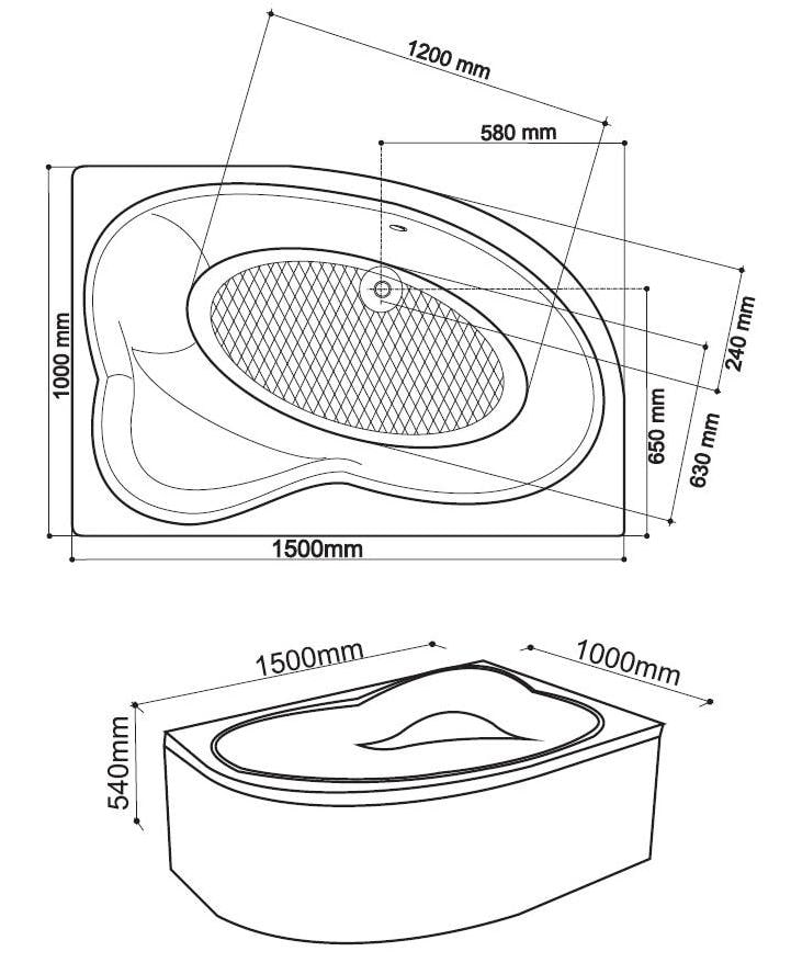 Cada baie cu hidromasaj Cristal, montaj pe stanga, semirotunda, 150 x 100 cm, alb