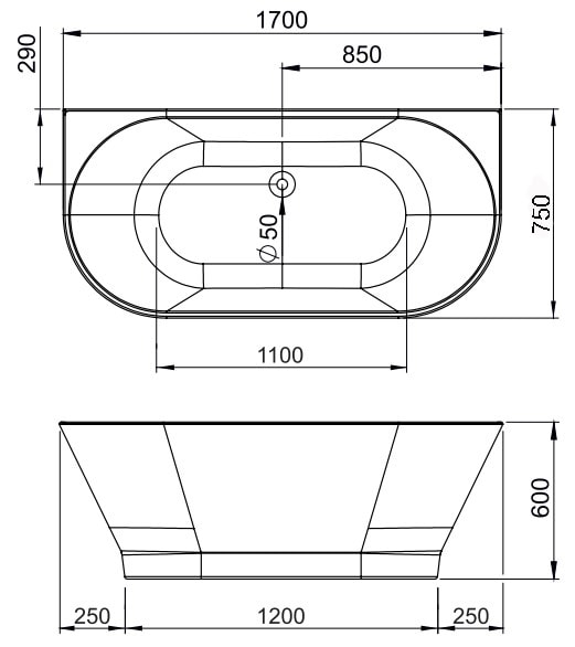 Cada baie freestanding FIBREX Bristol, acril, 170 x 75 cm, alb