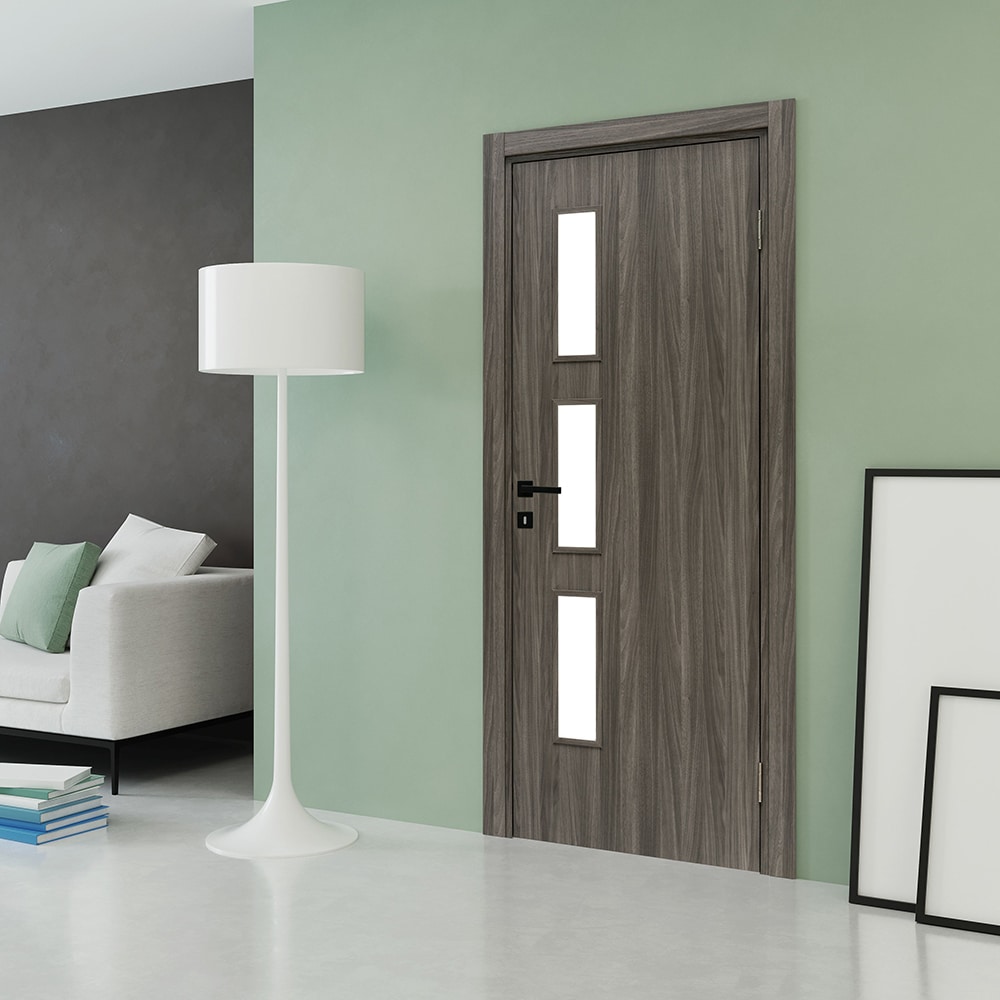 Usa interior Karpat Solo, cu geam, reversibila, MDF, 68 x 203 cm, gri stejar
