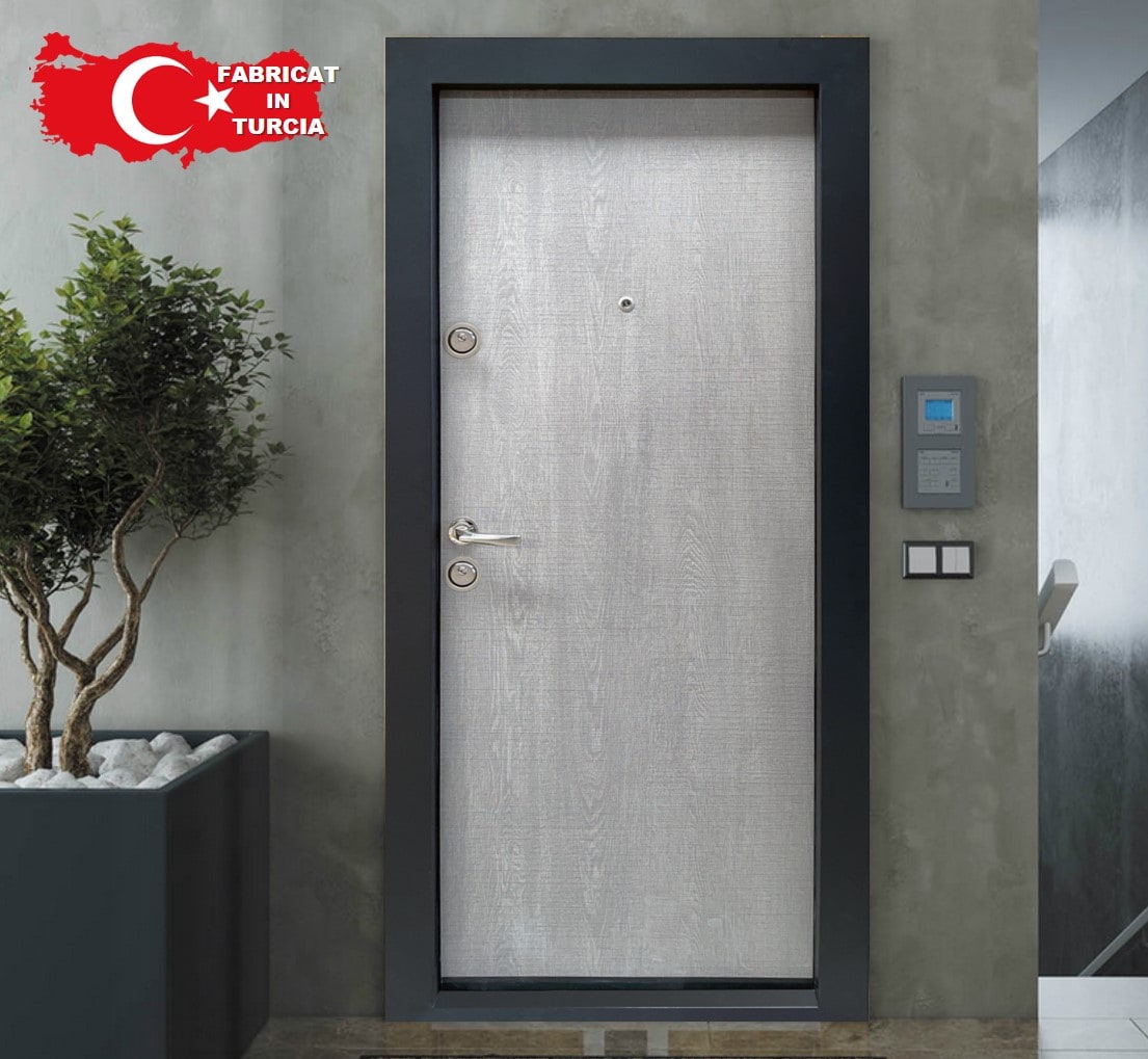 Usa de intrare pentru apartament BC111, fara geam, dreapta, metal, 77 x 194 cm, gri deschis