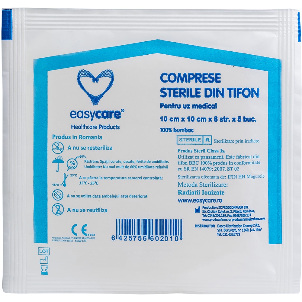 Comprese sterile EASYCARE tifon, pliate, 10x10cm, 25buc